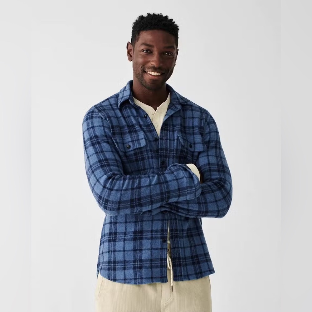 Faherty Legend Sweater Flannel Shirt - Exclusive in Deep Sea Plaid Sz XL
